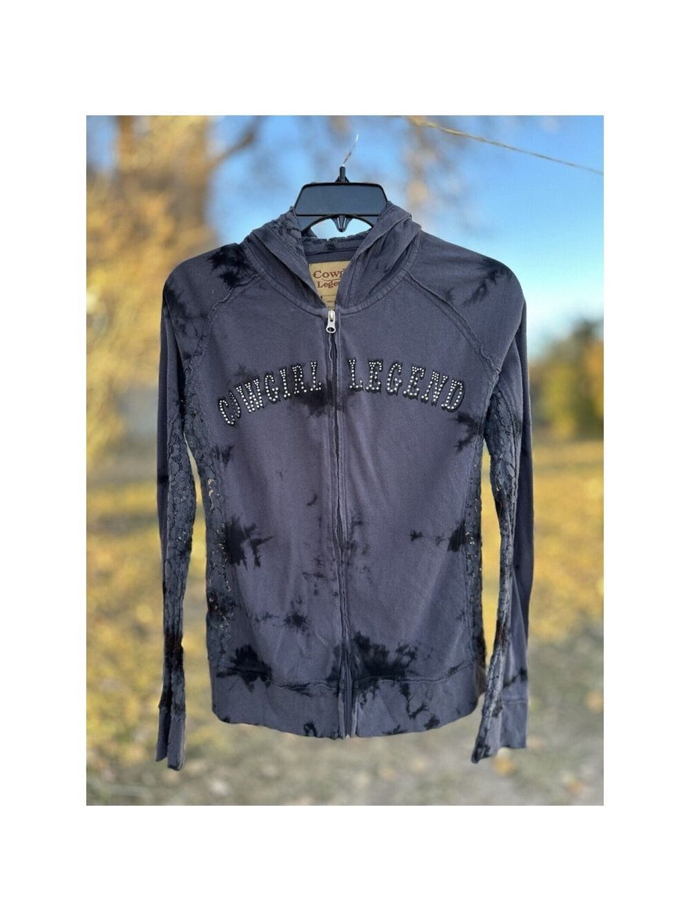 Cowgirl Legend Distressed Lace Hoodie Zip Jacket Womens Large Lightweight Gray